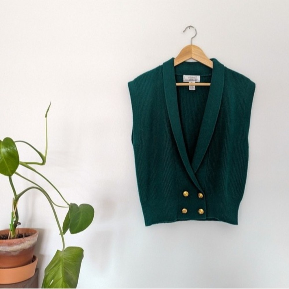 80s Vintage Deep V Crossover Teal Green Sweater Vest